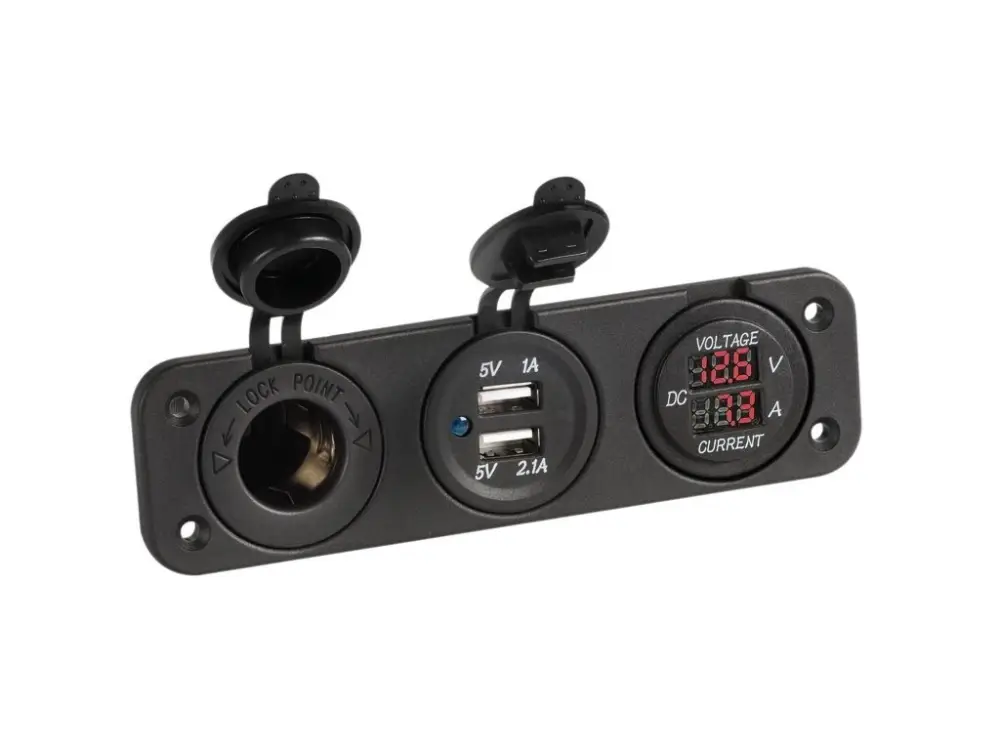 Panel s digitálním voltmetrem 8/32V, ampermetrem 0/10A, 12V zásuvkou a dvojitou USB Víkendová Akce
