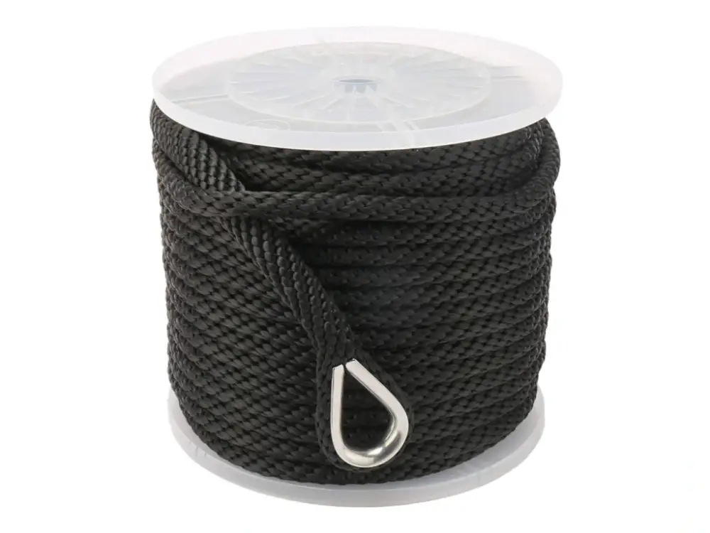 Časově Omezené Polyesterové kotevní lano v černé barvě 12 mm x 30 metrů s nerezovou očnicí