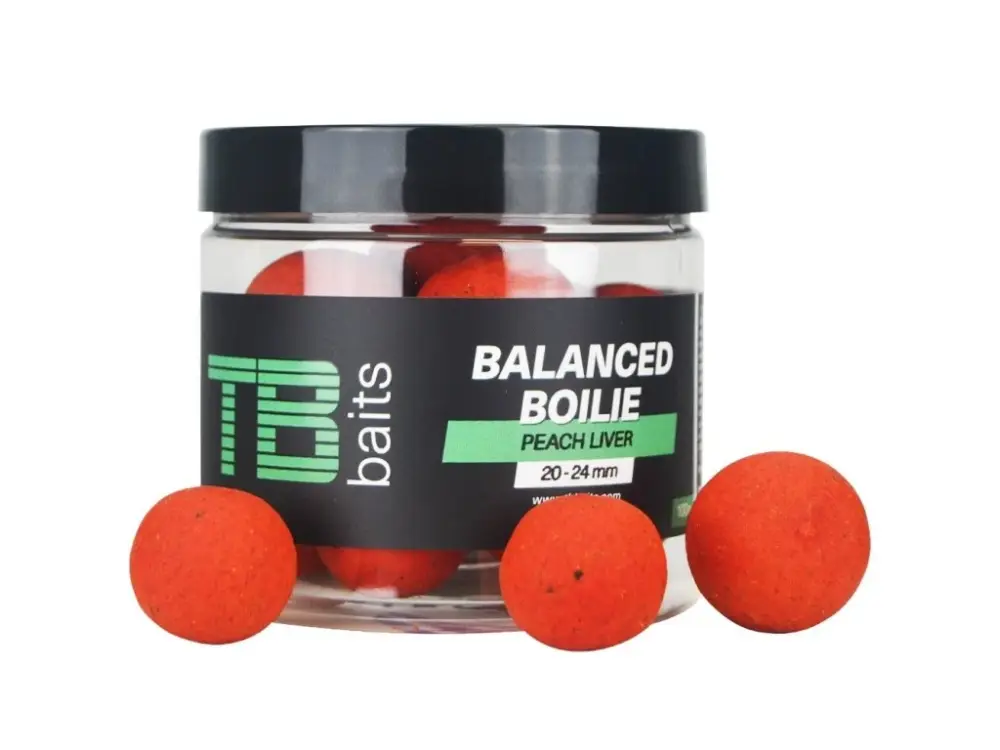 TB Baits Vyvážené Boilie Balanced + Atraktor Peach Liver 100 g 20-24 mm Časově Omezené