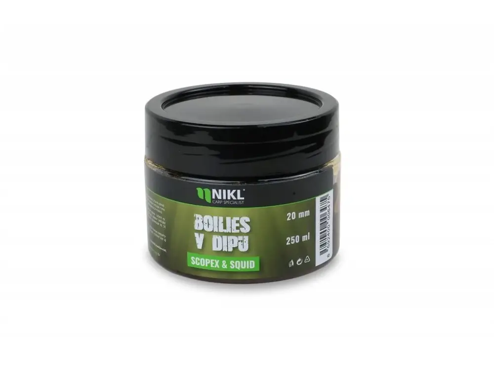 Značkový Nikl Boilies V Dipu Scopex & Squid 250g