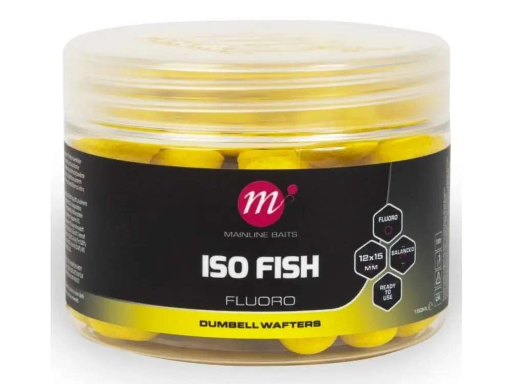 Nová Kolekce Mainline Vyvážené Boilie Fluoro Dumbell Wafters ISO Fish Yellow 150ml