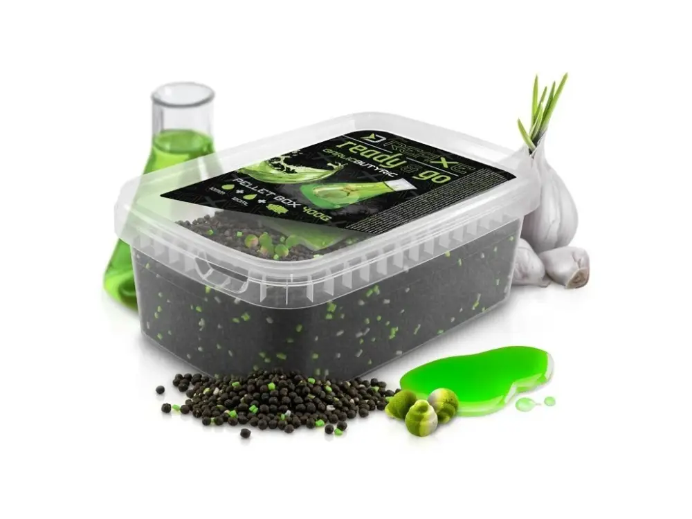 Delphin Pelety Reaxe Ready&Go Pellet Box + Booster a Nástrahy Česnek-Butyric 400g Ihned K Objednání