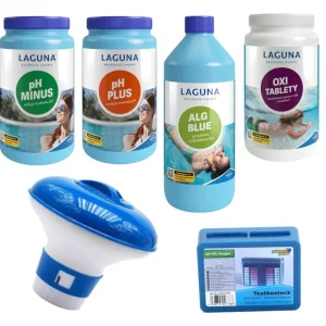 I.Základní set na bezchlorové ošetření vody (OXI tablety, pH-, pH+, Algicid ALG Blue 1l, tester, plovák) Jen Po Omezenou Doba