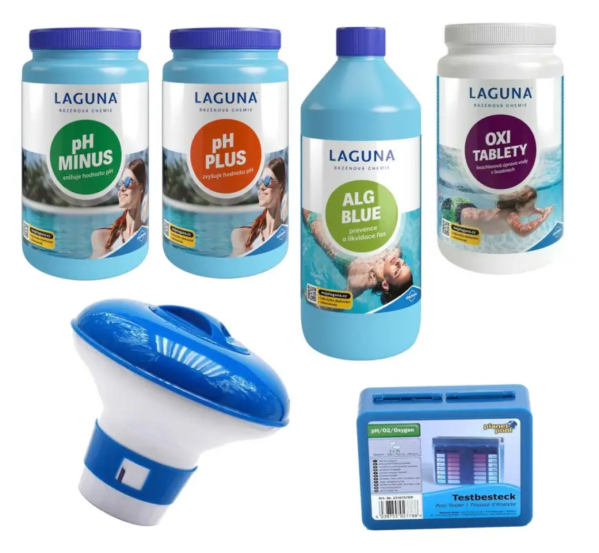 I.Základní set na bezchlorové ošetření vody (OXI tablety, pH-, pH+, Algicid ALG Blue 1l, tester, plovák) Jen Po Omezenou Doba