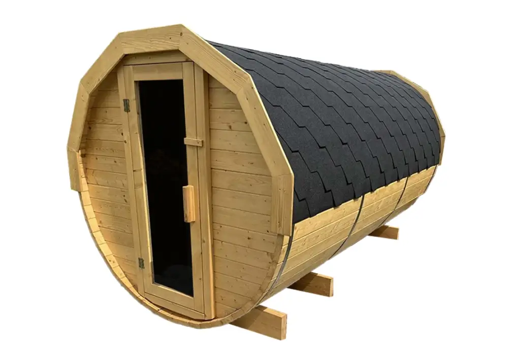 Kup Teď Finská sudová sauna 3,5 m s odpočívárnou, teráskou a kamny na dřevo